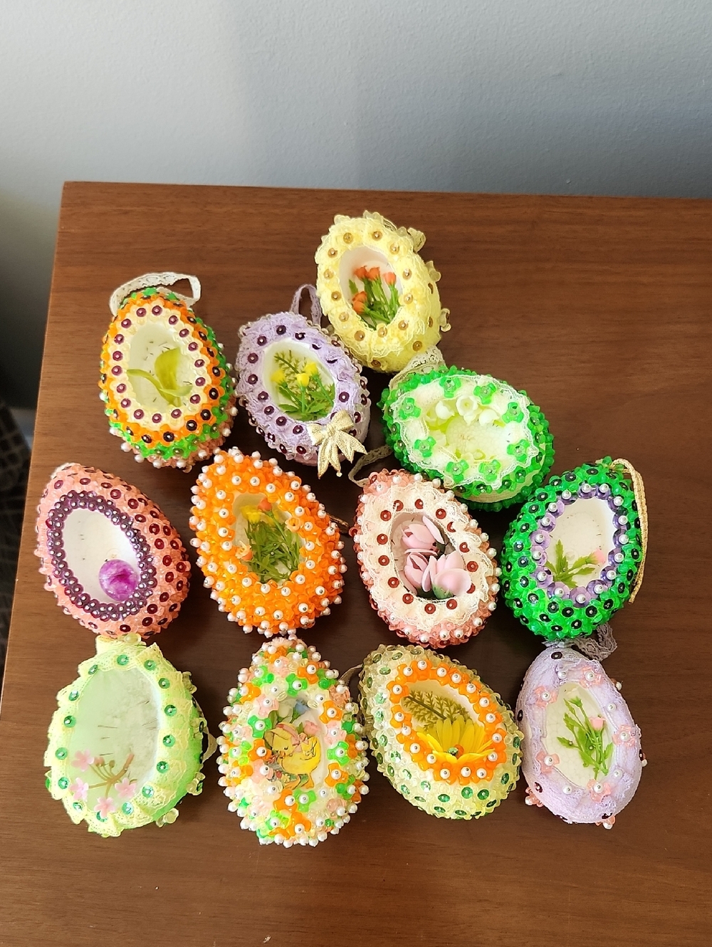 Vintage Handmade Beaded Sequin Easter Egg Ornaments